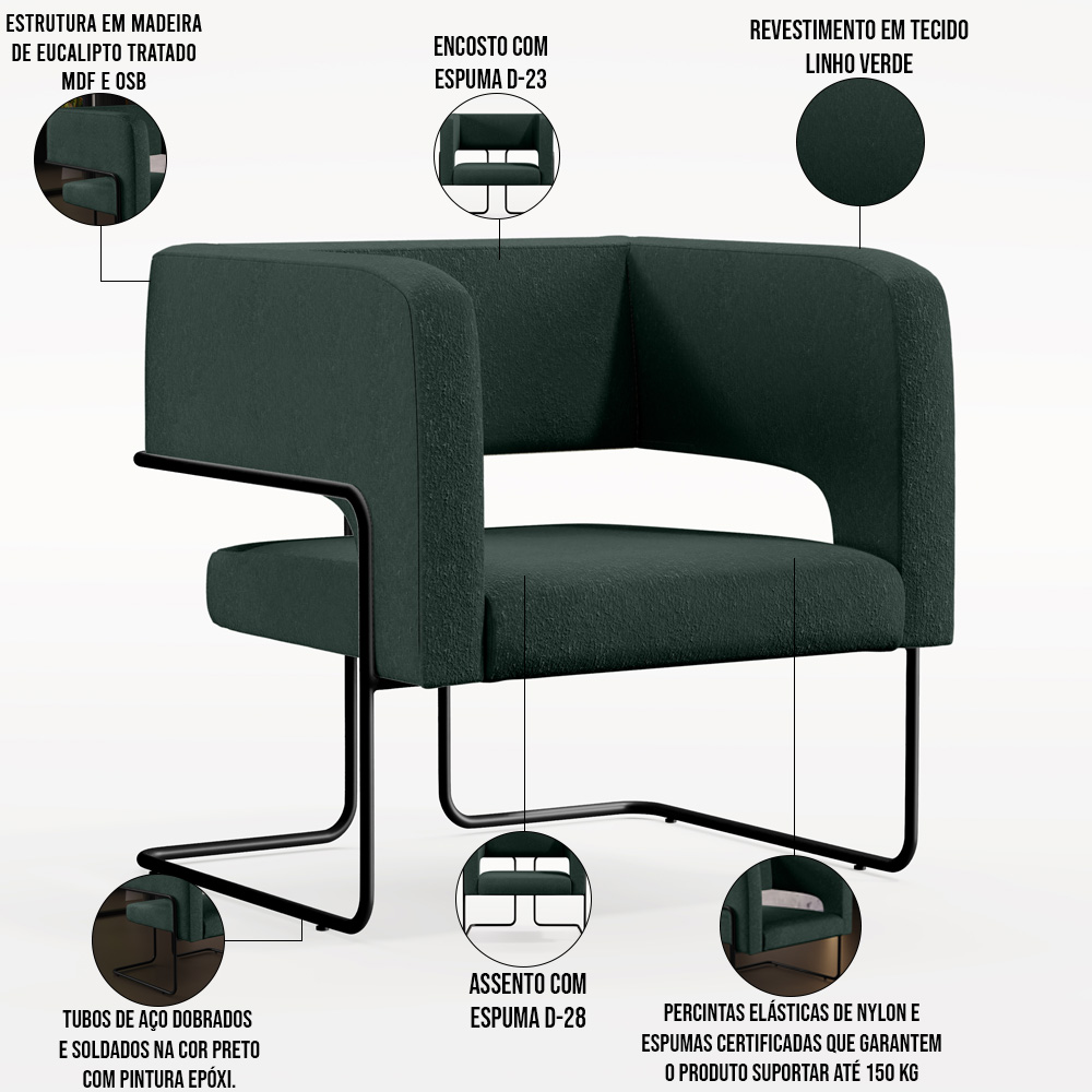 Kit 02 Poltronas Decorativas Scarlett D02 Base de Aço Preto Linho Verde C-117 - Lyam Decor