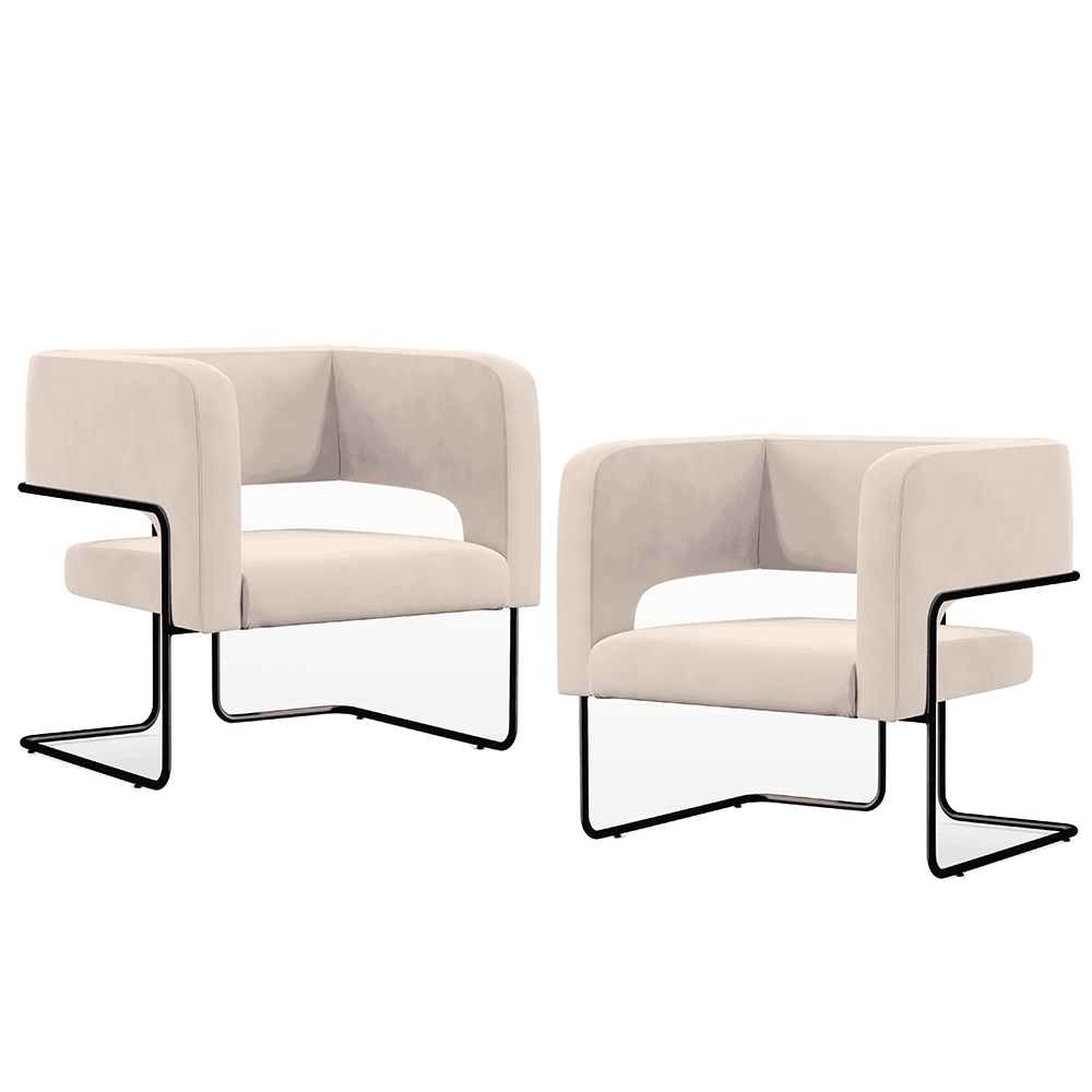 Kit 02 Poltronas Decorativas Scarlett D02 Base de Aço Preto Veludo Bege B-309 - Lyam Decor