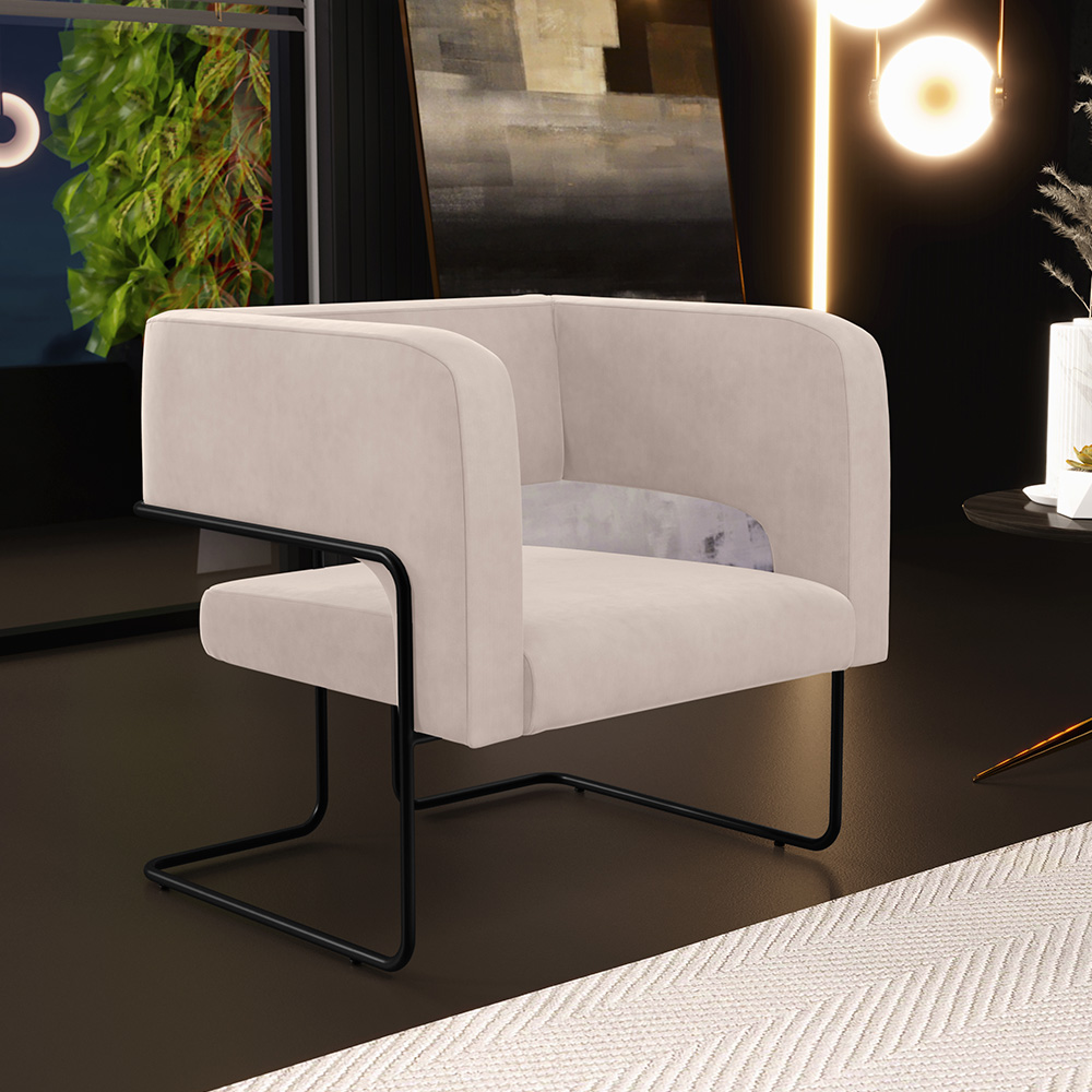 Kit 02 Poltronas Decorativas Scarlett D02 Base de Aço Preto Veludo Bege B-309 - Lyam Decor