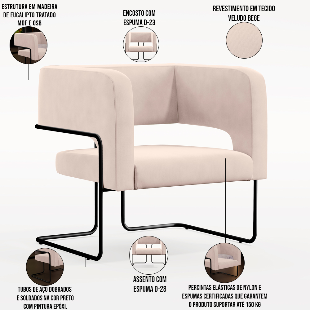 Kit 02 Poltronas Decorativas Scarlett D02 Base de Aço Preto Veludo Bege B-309 - Lyam Decor