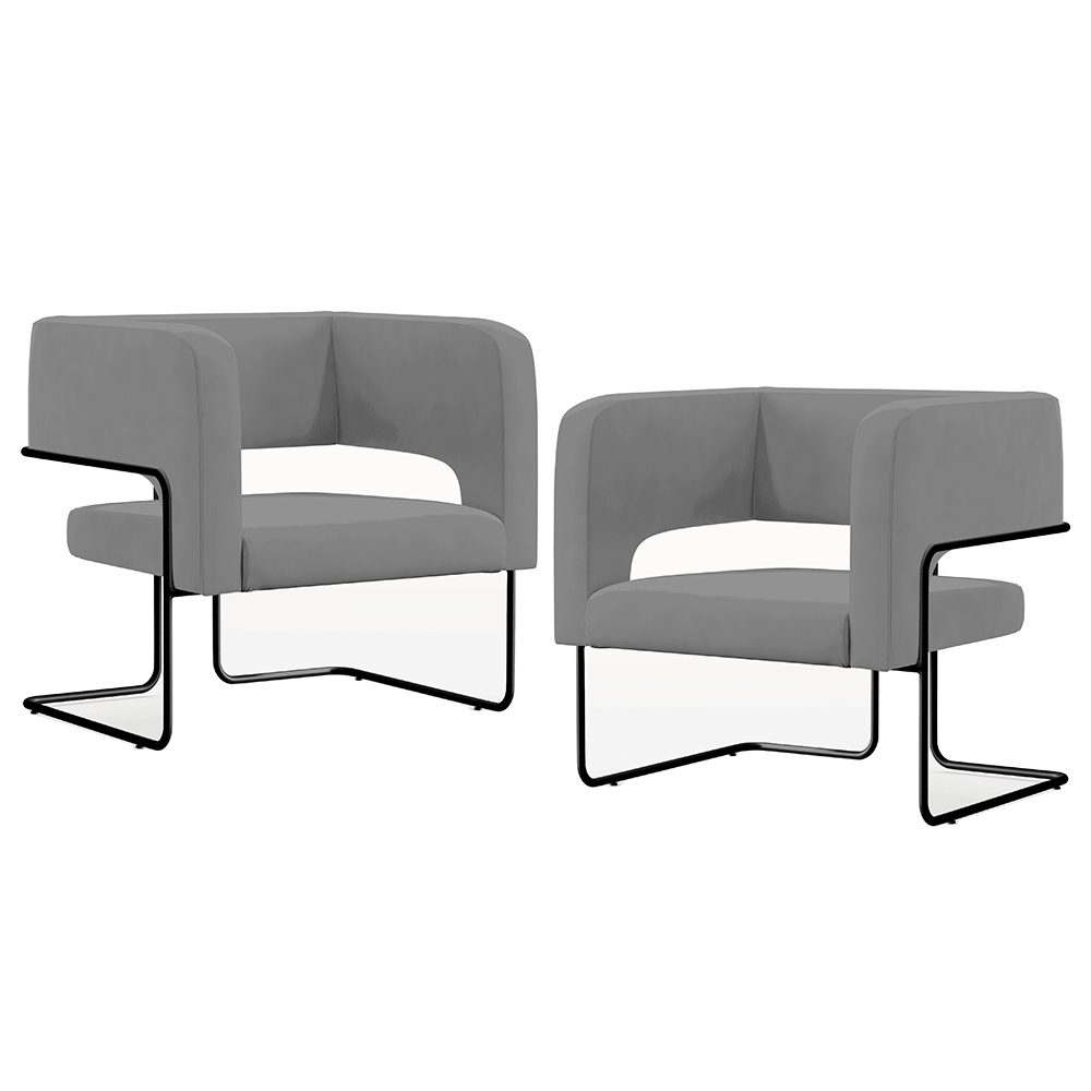 Kit 02 Poltronas Decorativas Scarlett D02 Base de Aço Preto Veludo Cinza B-317 - Lyam Decor