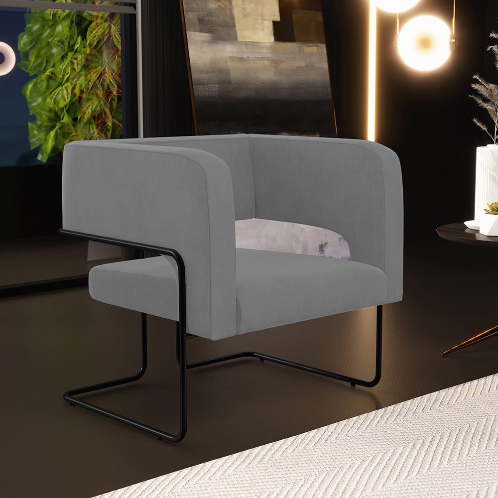 Kit 02 Poltronas Decorativas Scarlett D02 Base de Aço Preto Veludo Cinza B-317 - Lyam Decor