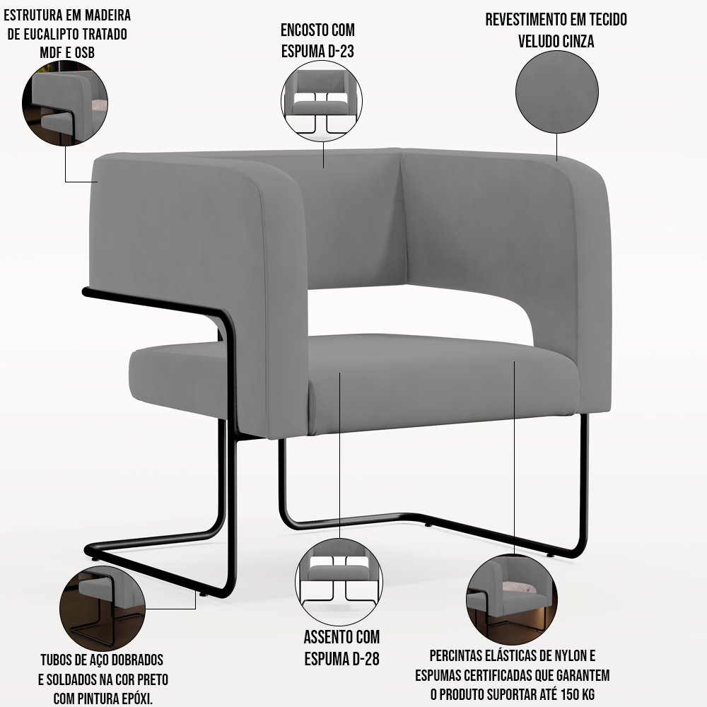 Kit 02 Poltronas Decorativas Scarlett D02 Base de Aço Preto Veludo Cinza B-317 - Lyam Decor