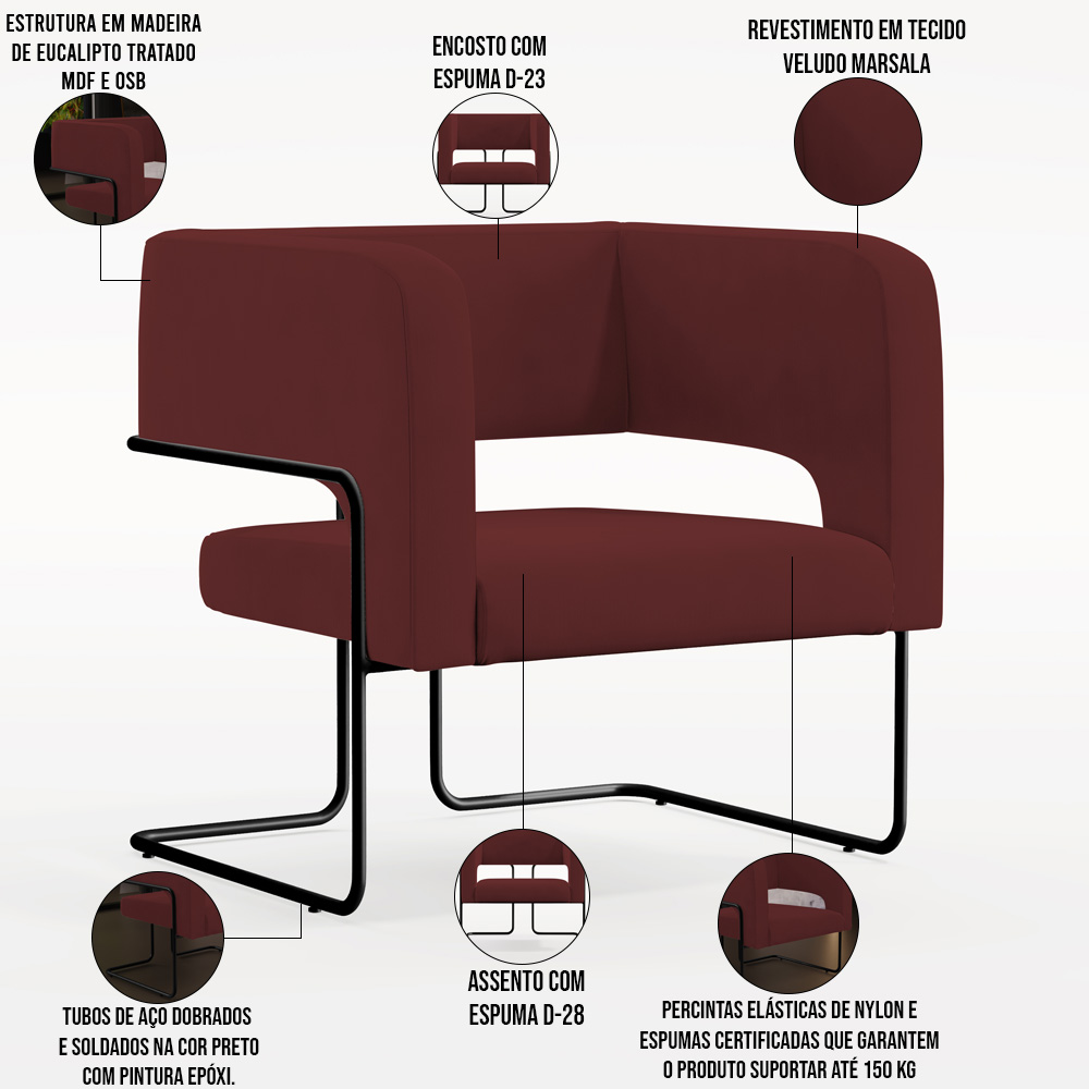 Kit 02 Poltronas Decorativas Scarlett D02 Base de Aço Preto Veludo Marsala B-278 - Lyam Decor