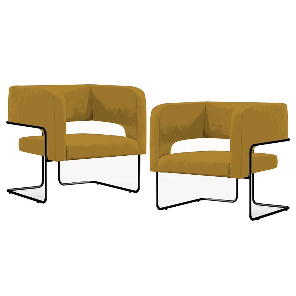 Kit 02 Poltronas Decorativas Scarlett D02 Base de Aço Preto Veludo Mostarda B-260 - Lyam Decor