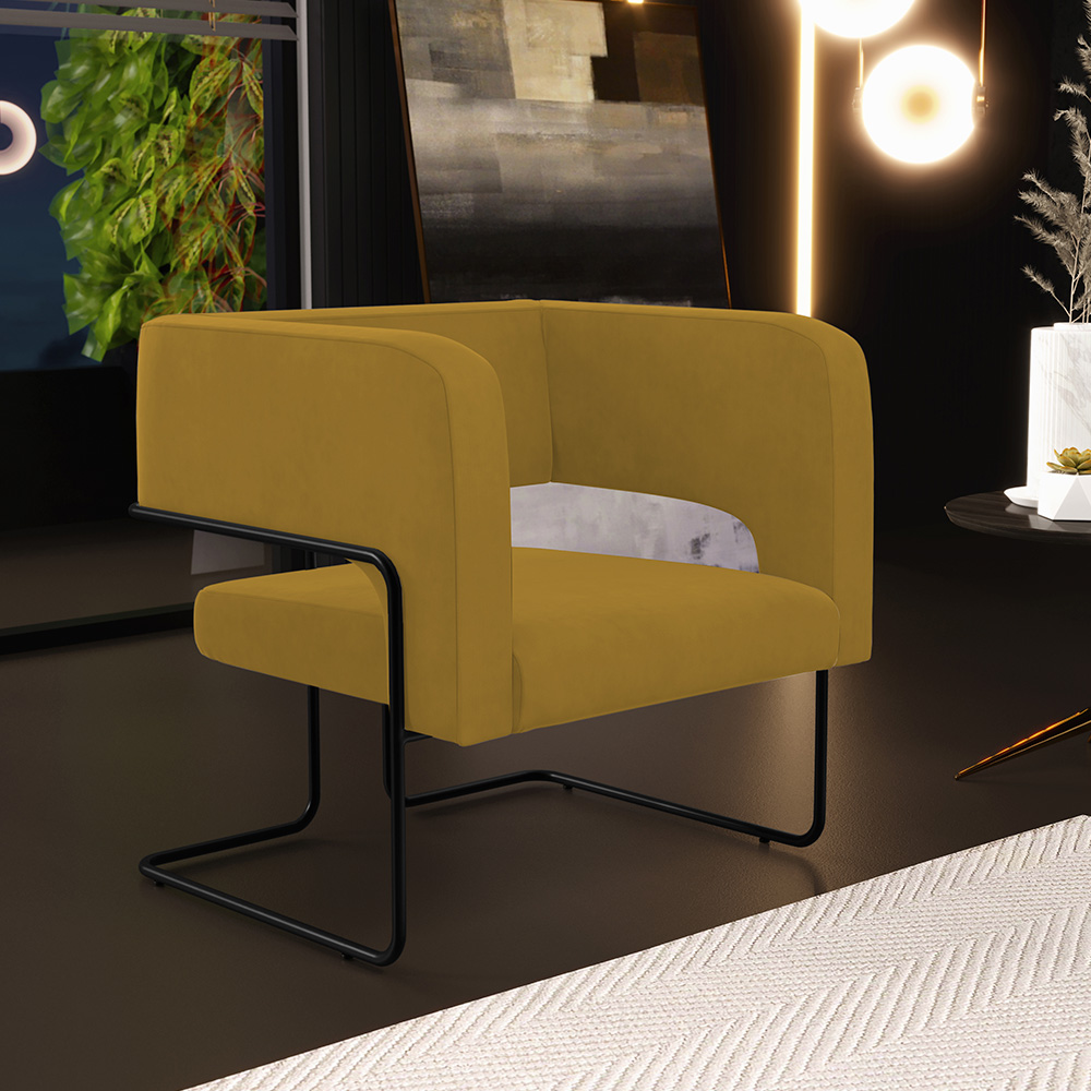 Kit 02 Poltronas Decorativas Scarlett D02 Base de Aço Preto Veludo Mostarda B-260 - Lyam Decor