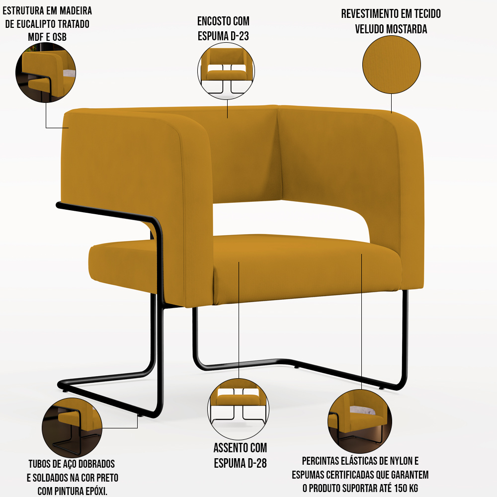 Kit 02 Poltronas Decorativas Scarlett D02 Base de Aço Preto Veludo Mostarda B-260 - Lyam Decor