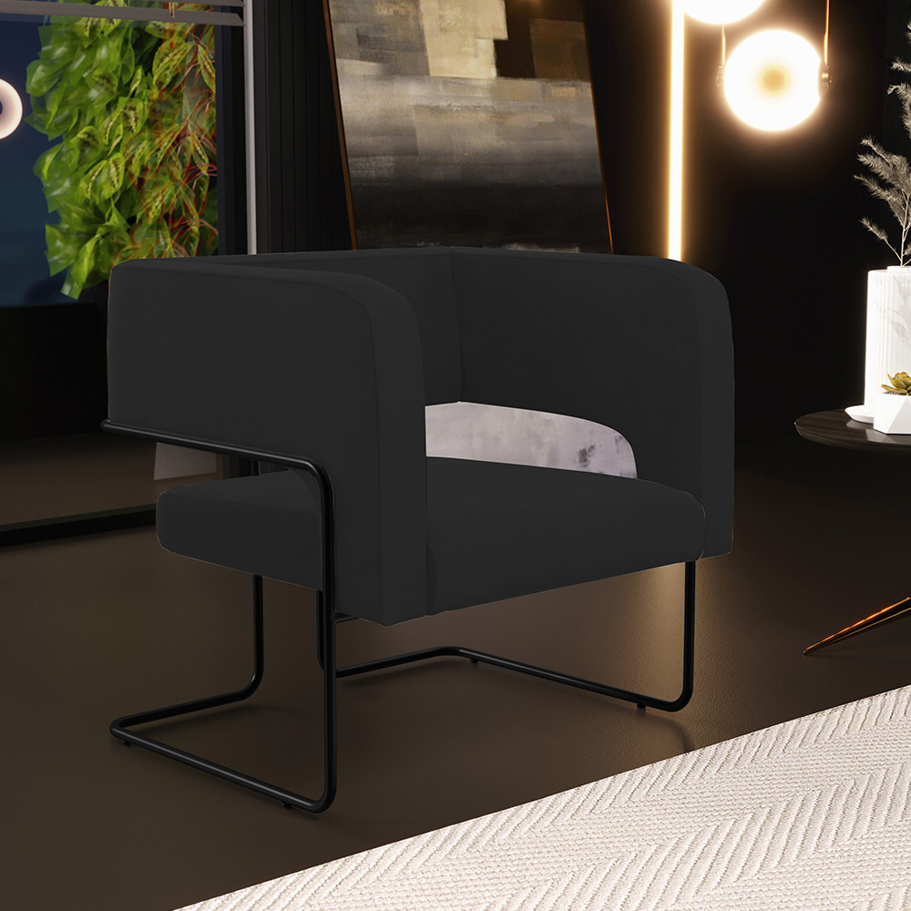 Kit 02 Poltronas Decorativas Scarlett D02 Base de Aço Preto Veludo Preto B-300 - Lyam Decor