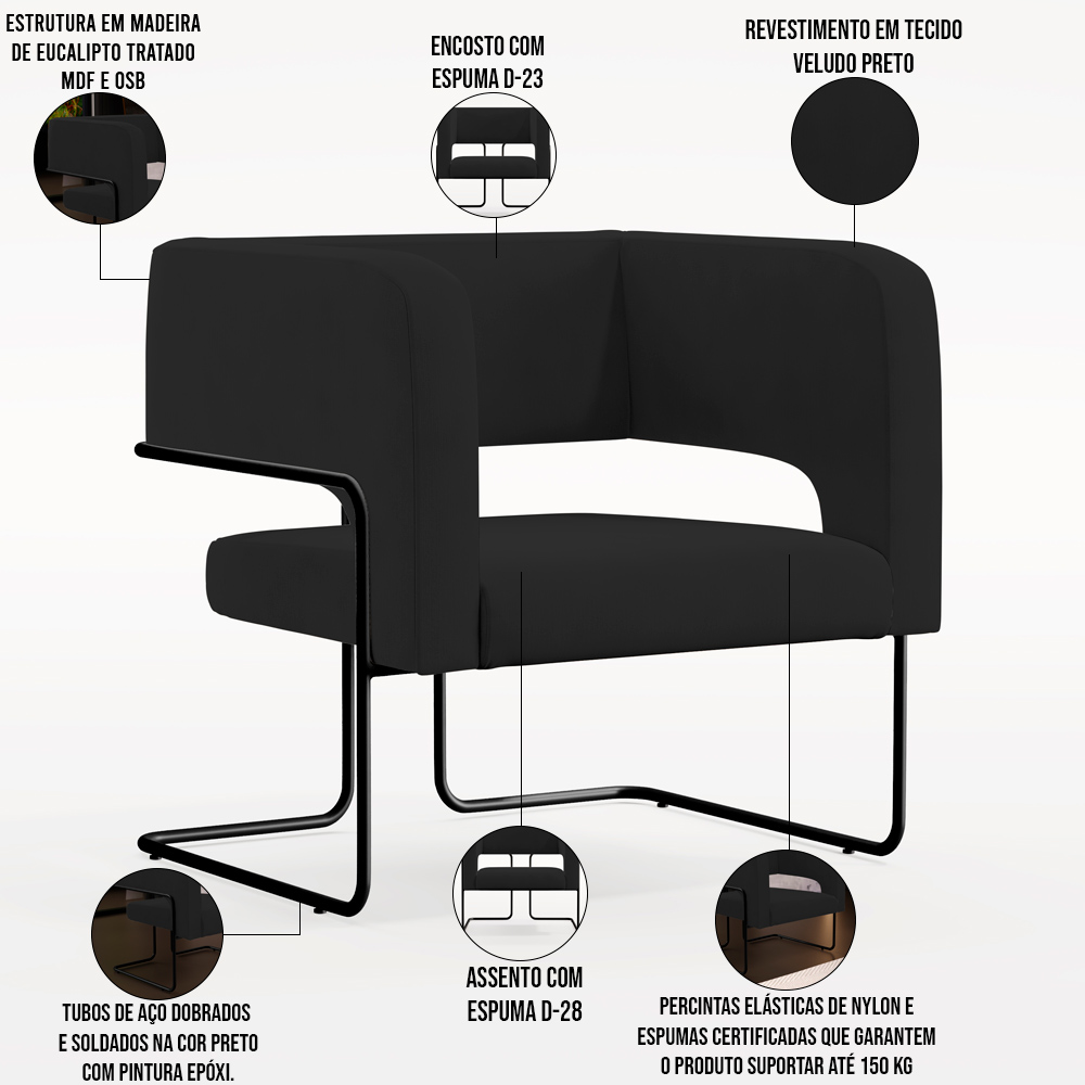 Kit 02 Poltronas Decorativas Scarlett D02 Base de Aço Preto Veludo Preto B-300 - Lyam Decor