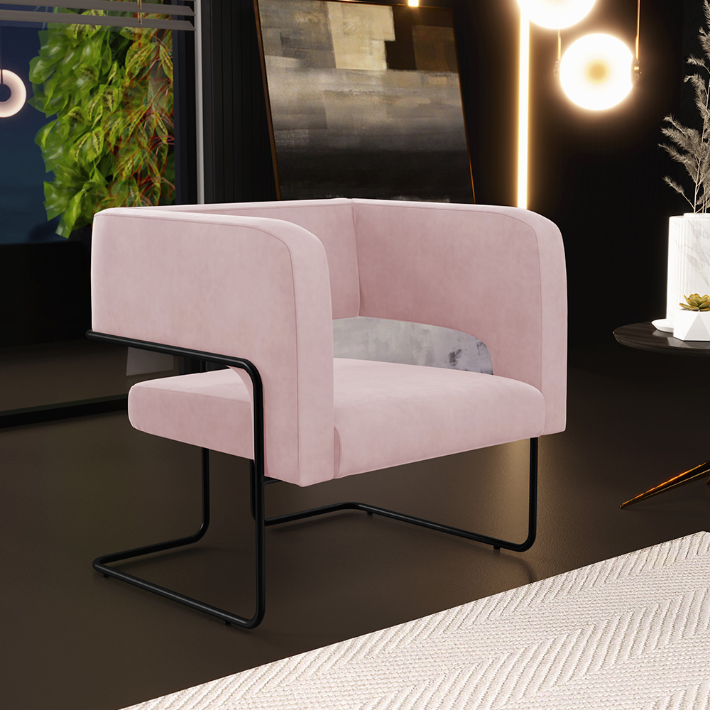 Kit 02 Poltronas Decorativas Scarlett D02 Base de Aço Preto Veludo Rosê B-305 - Lyam Decor