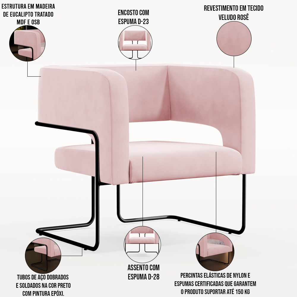 Kit 02 Poltronas Decorativas Scarlett D02 Base de Aço Preto Veludo Rosê B-305 - Lyam Decor