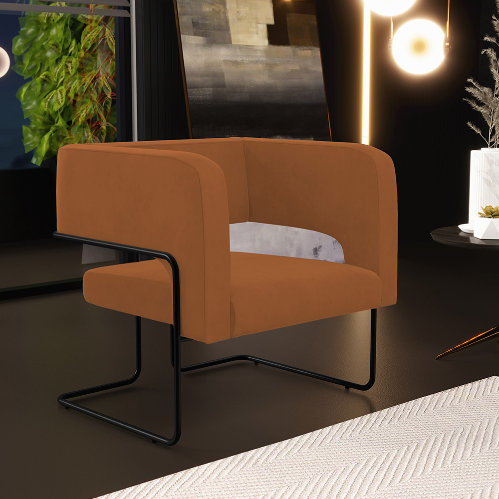 Kit 02 Poltronas Decorativas Scarlett D02 Base de Aço Preto Veludo Telha B-262 - Lyam Decor