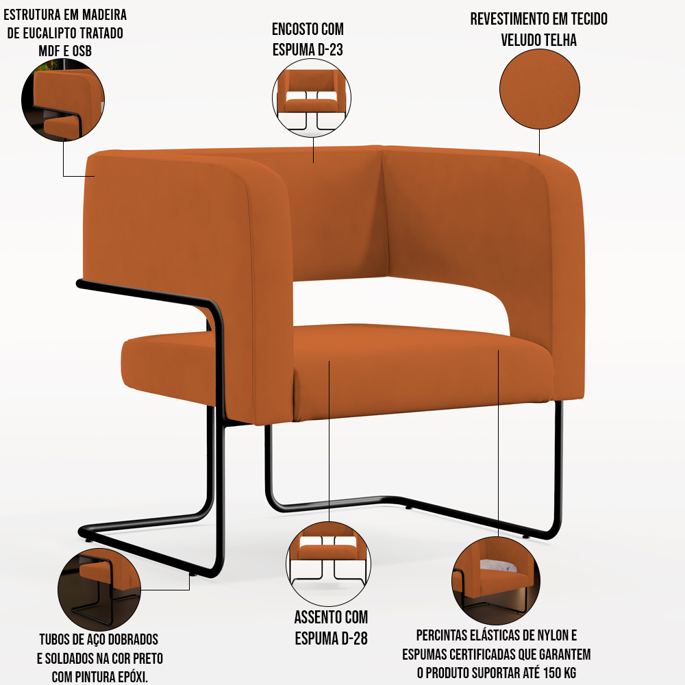 Kit 02 Poltronas Decorativas Scarlett D02 Base de Aço Preto Veludo Telha B-262 - Lyam Decor