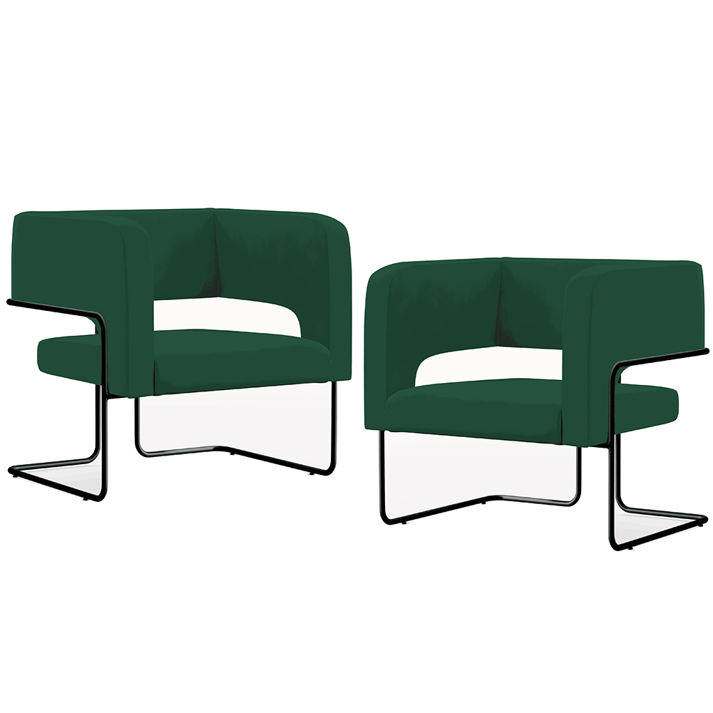 Kit 02 Poltronas Decorativas Scarlett D02 Base de Aço Preto Veludo Verde B-303 - Lyam Decor
