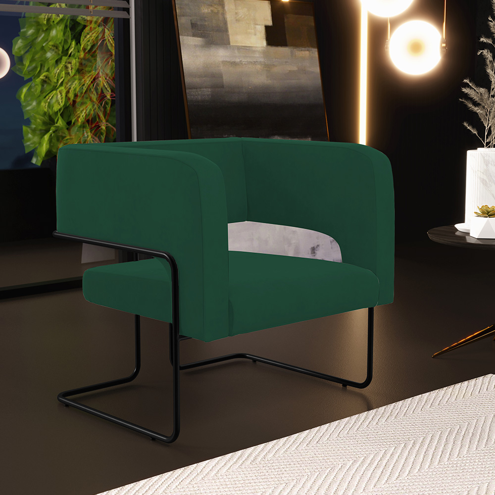 Kit 02 Poltronas Decorativas Scarlett D02 Base de Aço Preto Veludo Verde B-303 - Lyam Decor