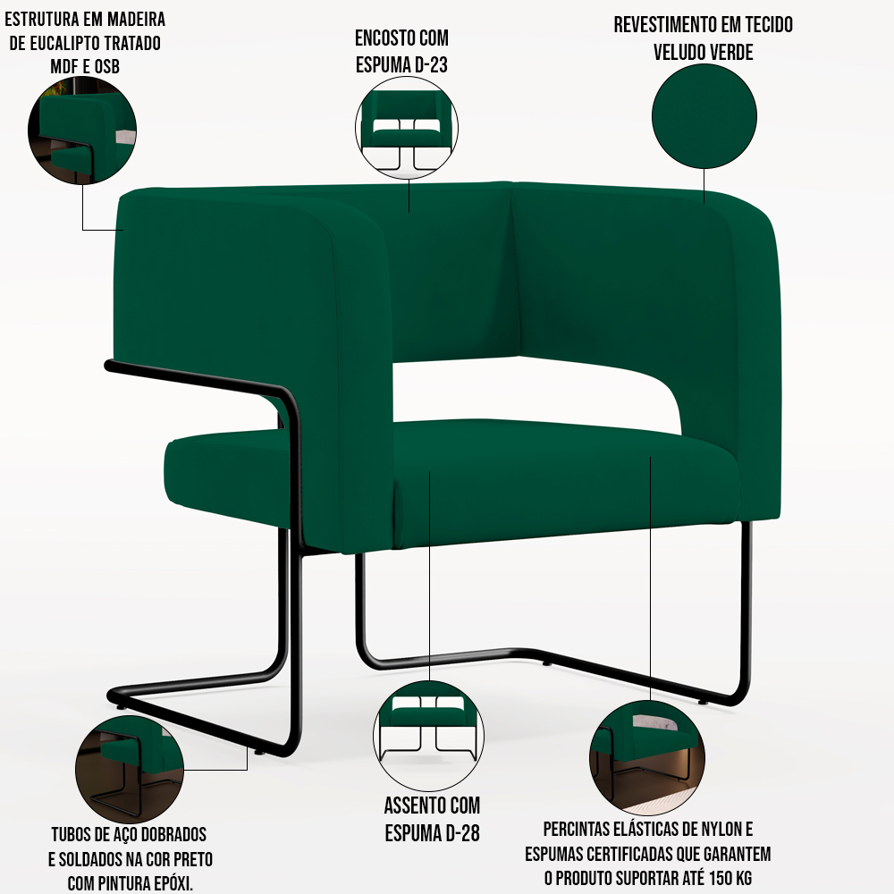 Kit 02 Poltronas Decorativas Scarlett D02 Base de Aço Preto Veludo Verde B-303 - Lyam Decor