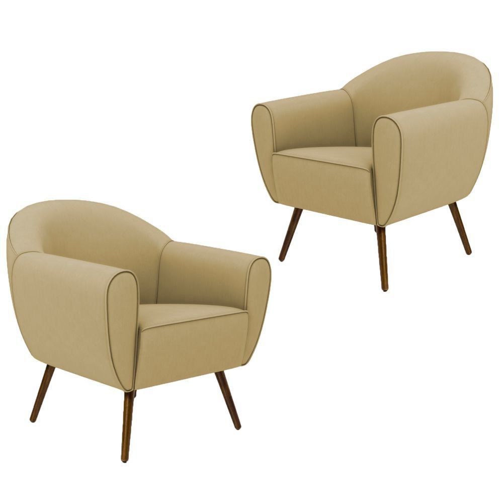 Kit 02 Poltronas Decorativas com Pés Palito Nina D02 Veludo Liso Bege Escuro C-68 -Lyam Decor