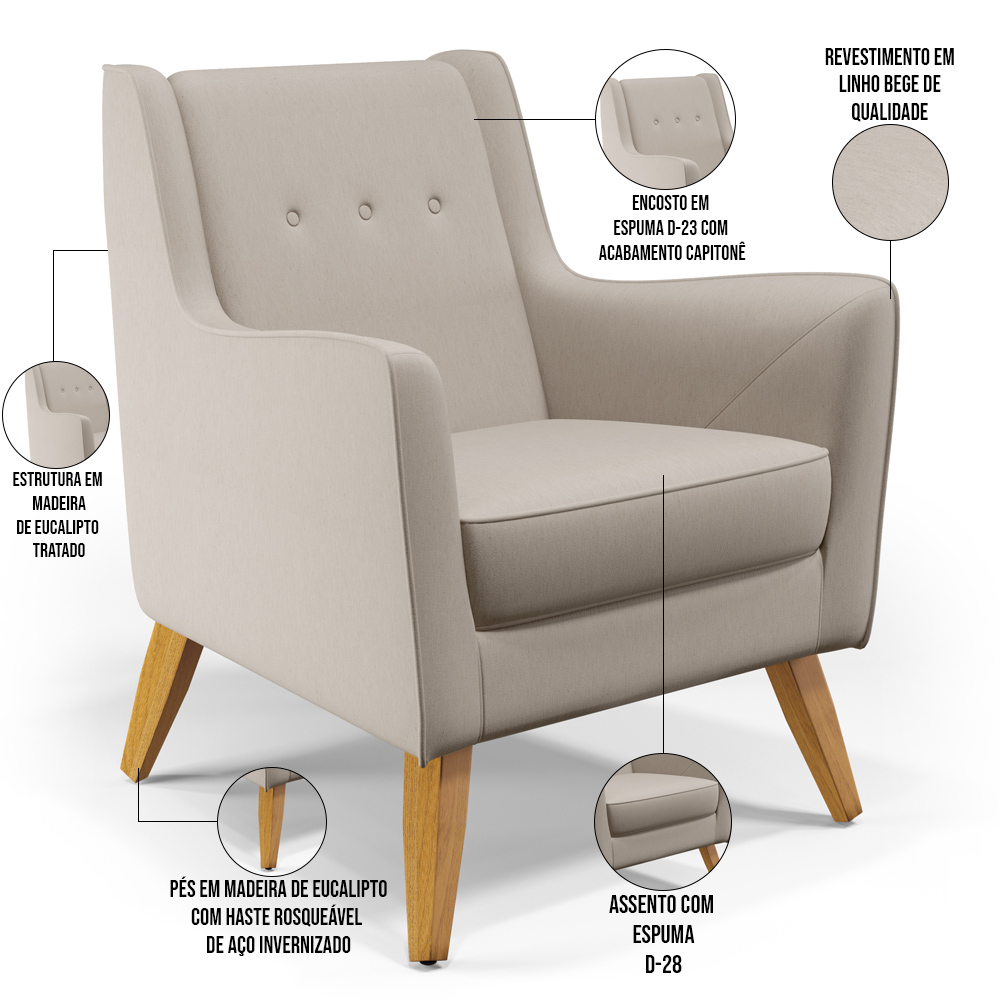 Kit 02 Poltronas Decorativas com Pés de Madeira Taroba D02 Linho Bege C-107 - Lyam Decor