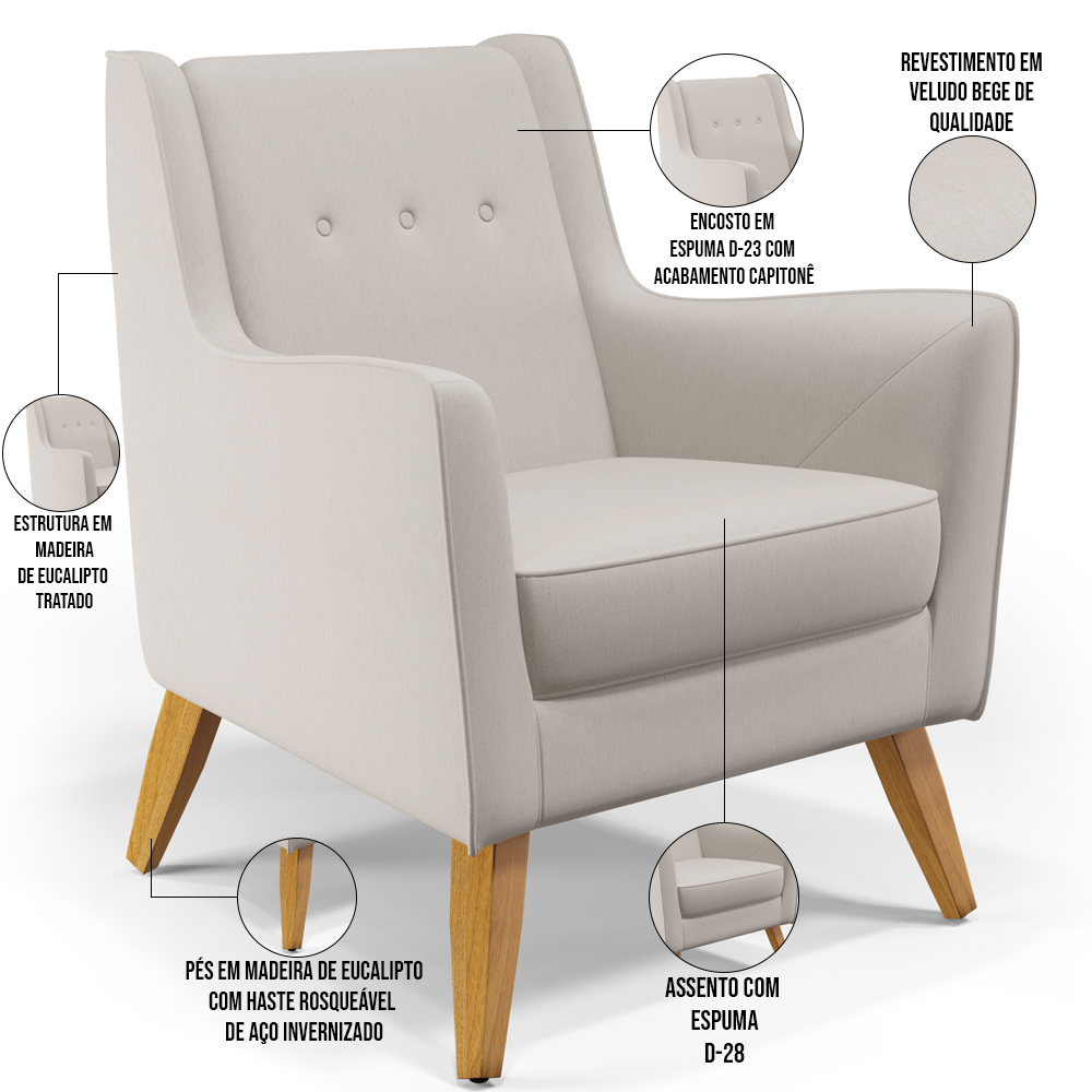 Kit 02 Poltronas Decorativas com Pés de Madeira Taroba D02 Veludo Bege C-309 - Lyam Decor