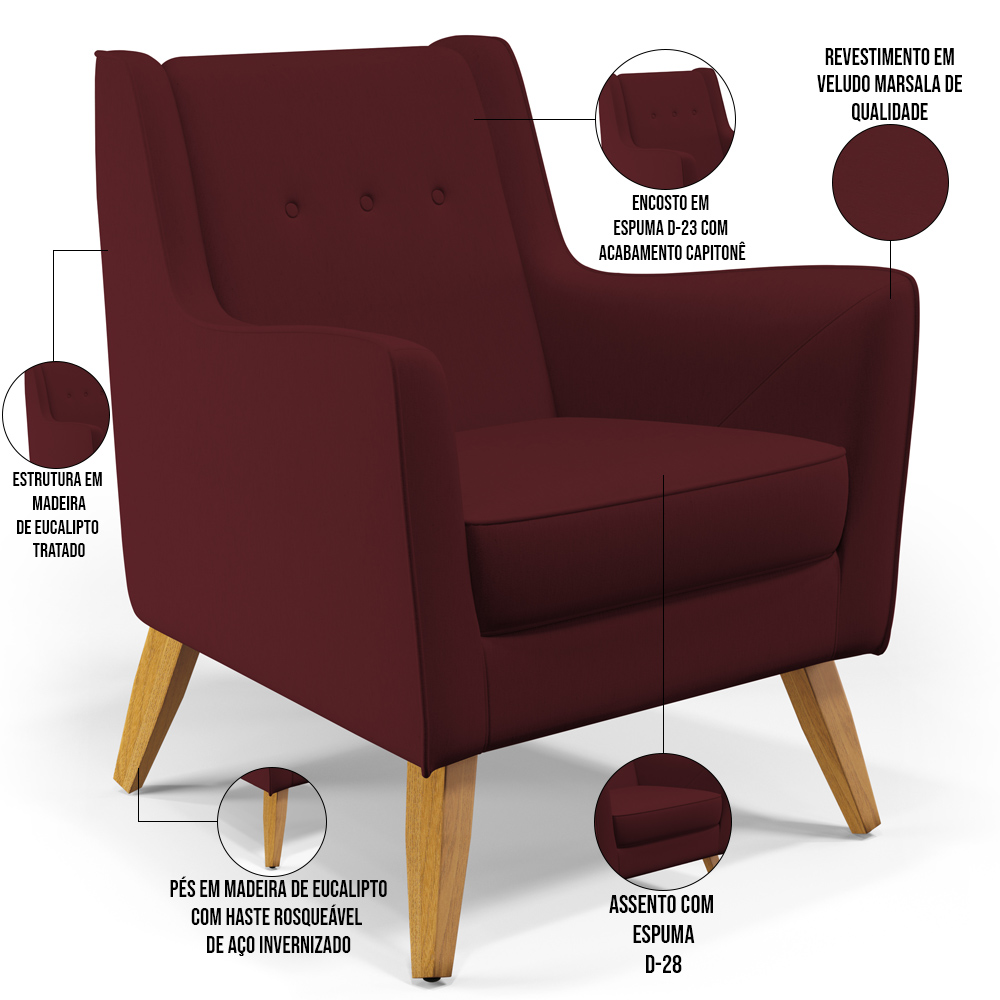Kit 02 Poltronas Decorativas com Pés de Madeira Taroba D02 Veludo Marsala C-278 - Lyam Decor