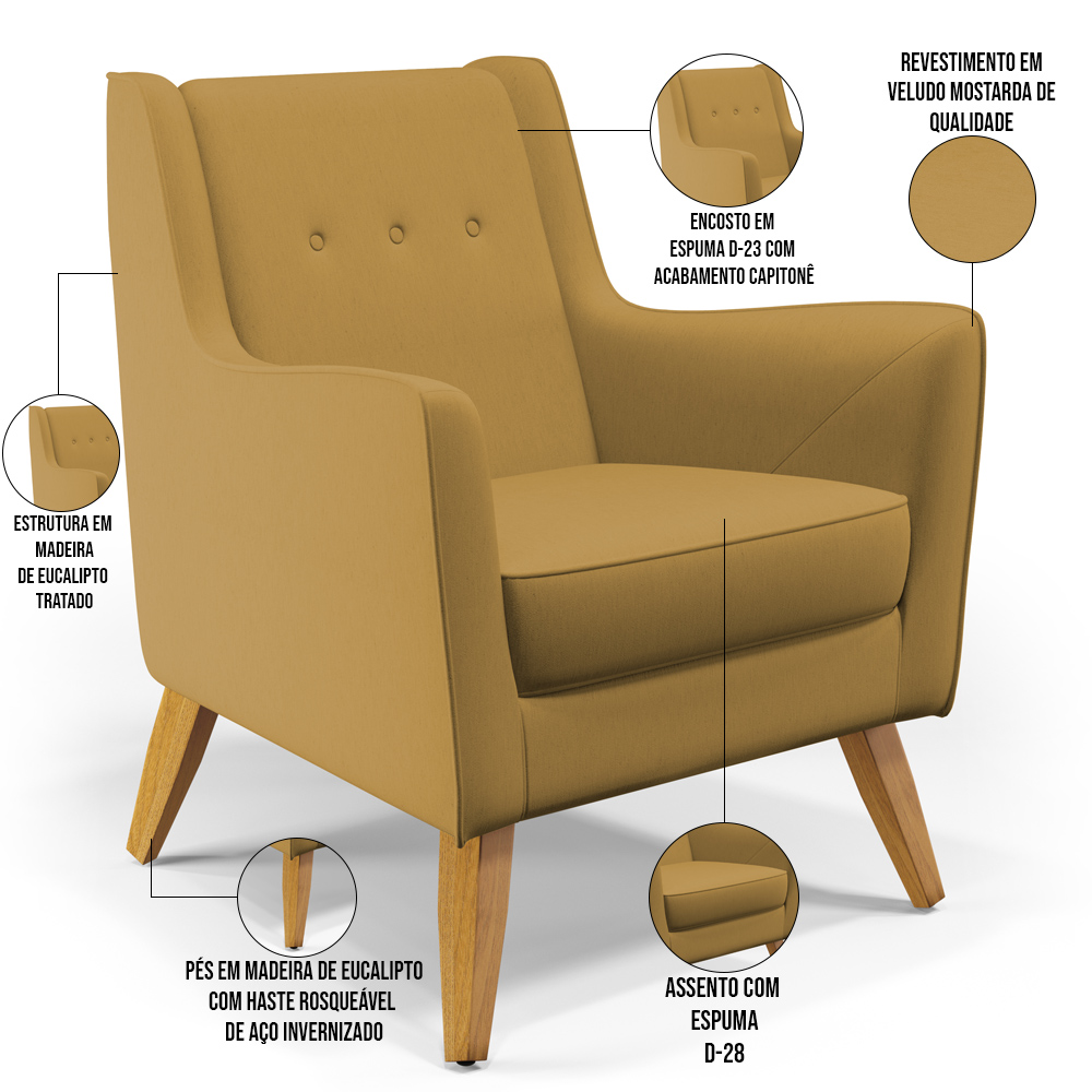 Kit 02 Poltronas Decorativas com Pés de Madeira Taroba D02 Veludo Mostarda C-260 - Lyam Decor