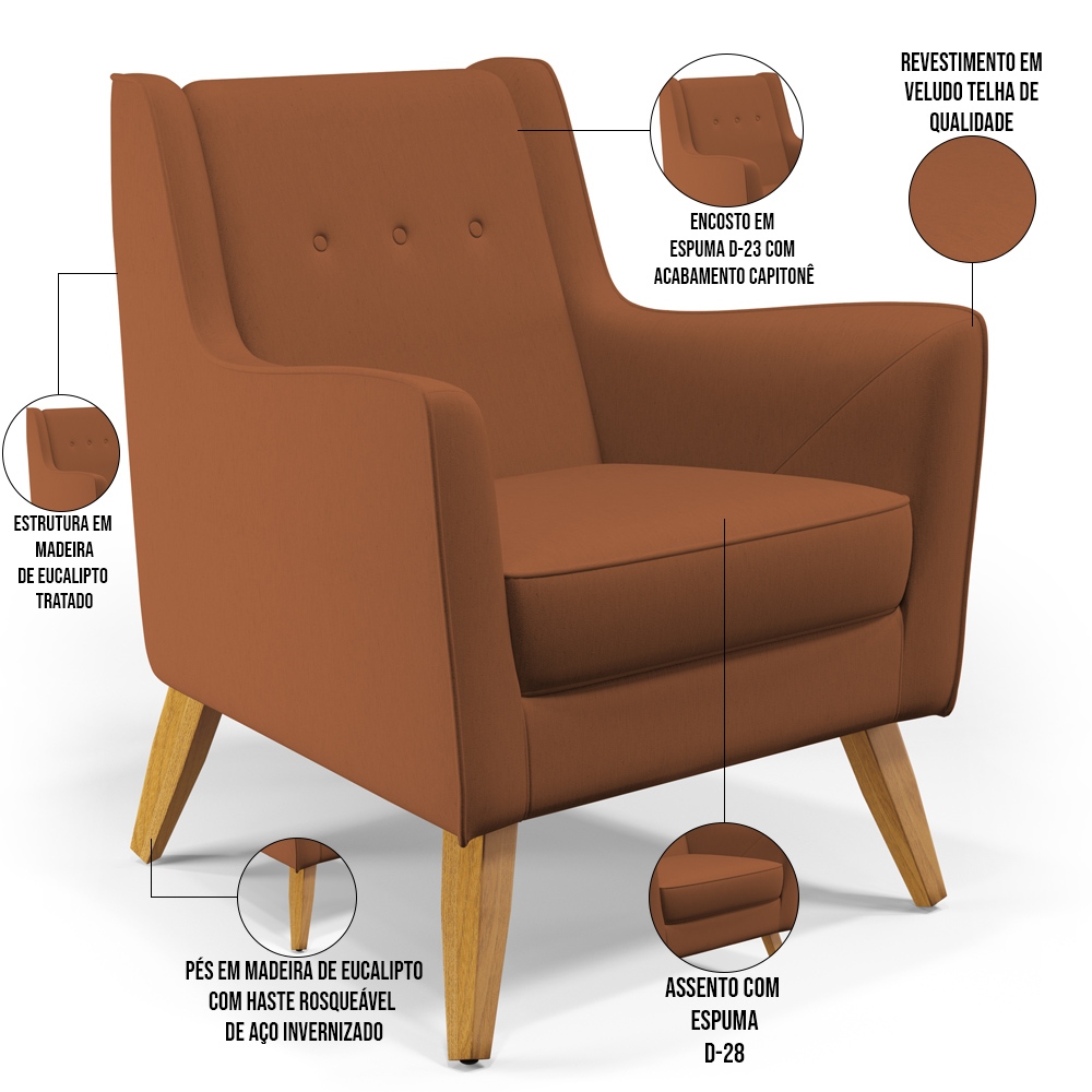 Kit 02 Poltronas Decorativas com Pés de Madeira Taroba D02 Veludo Telha C-262 - Lyam Decor