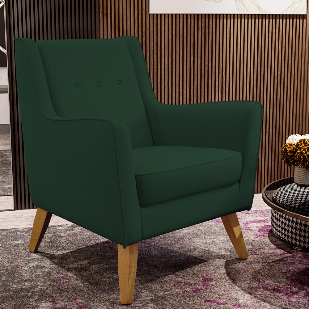Kit 02 Poltronas Decorativas com Pés de Madeira Taroba D02 Veludo Verde Musgo C-303 - Lyam Decor