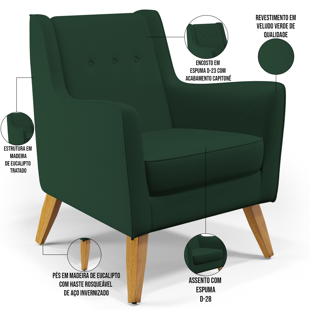 Kit 02 Poltronas Decorativas com Pés de Madeira Taroba D02 Veludo Verde Musgo C-303 - Lyam Decor