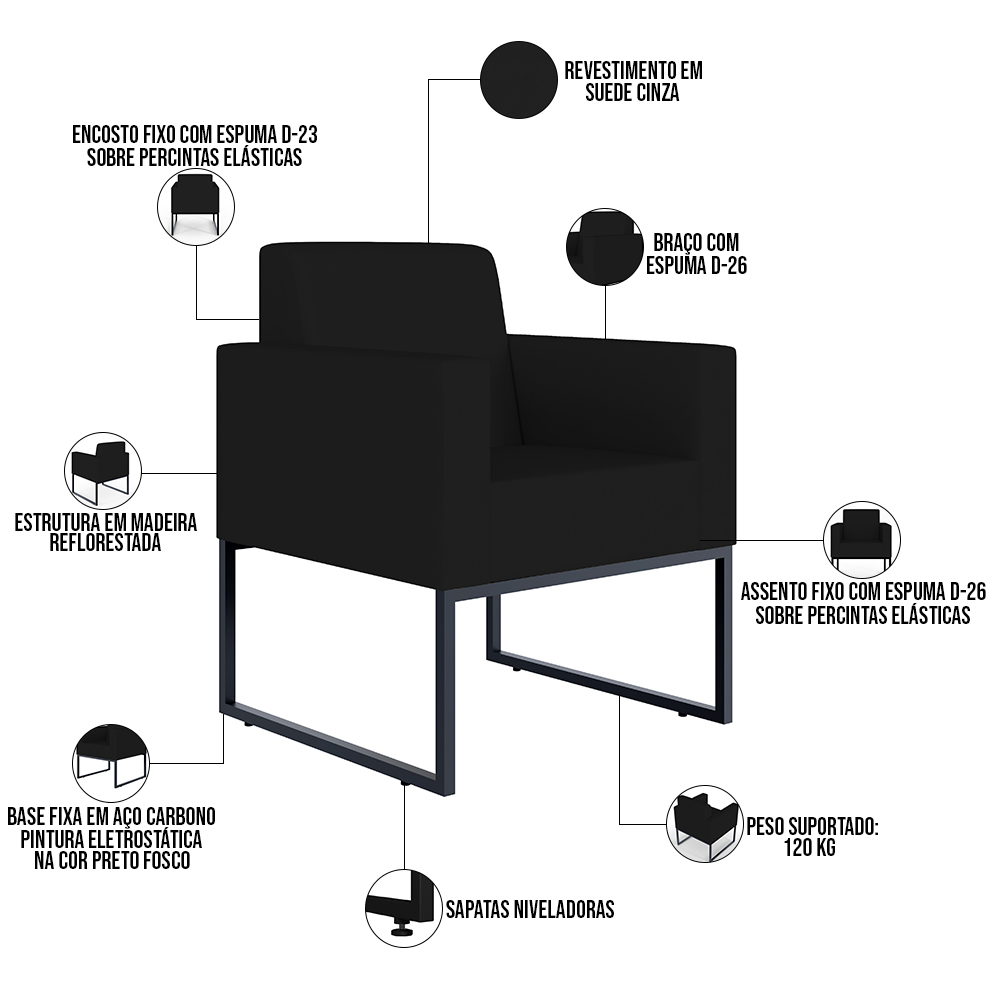 Kit 02 Poltronas Decorativas para Sala Recepção Base Fixa De Metal Helô L02 Suede Preto - Lyam Decor