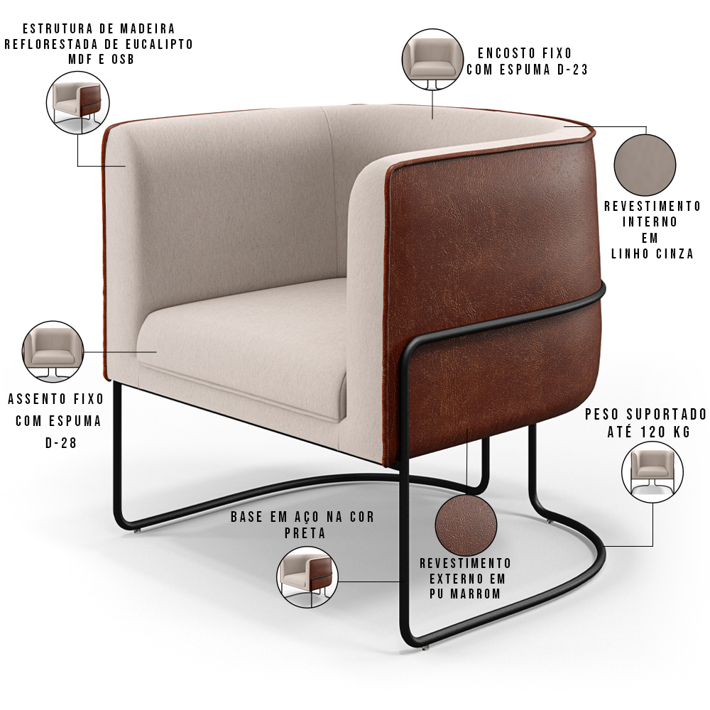 Kit 02 Poltronas Fixa Base de Aço Preto Betina D02 Linho Bege C-107 Corano Marrom B-38 - Lyam Decor