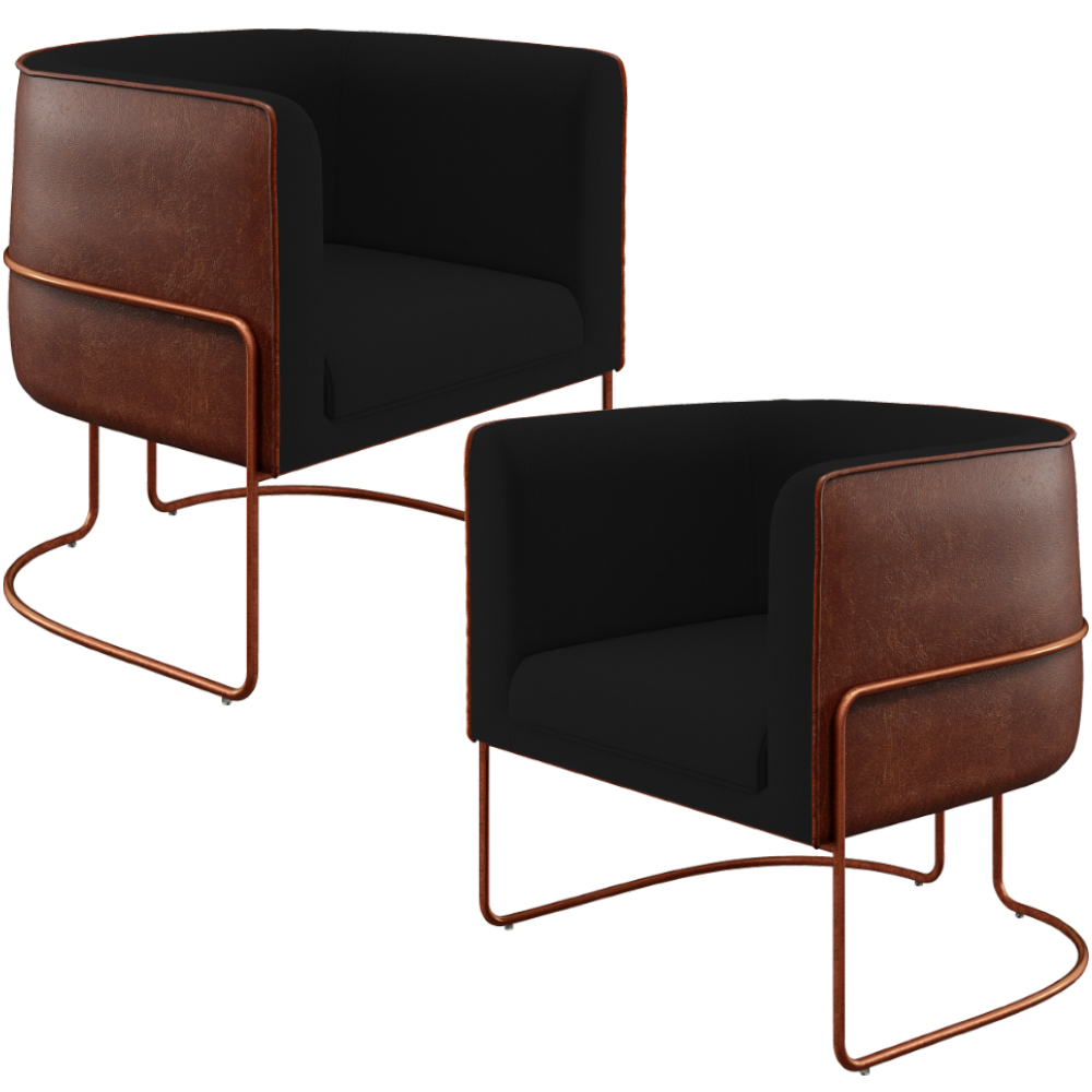 Kit 02 Poltronas Fixas Base Aço Cobre Betina D02 Veludo Preto C-300 Corano Marrom - Lyam Decor
