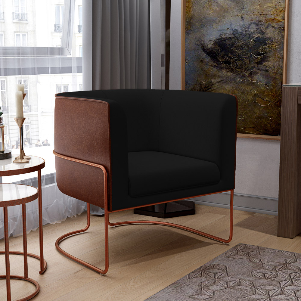 Kit 02 Poltronas Fixas Base Aço Cobre Betina D02 Veludo Preto C-300 Corano Marrom - Lyam Decor