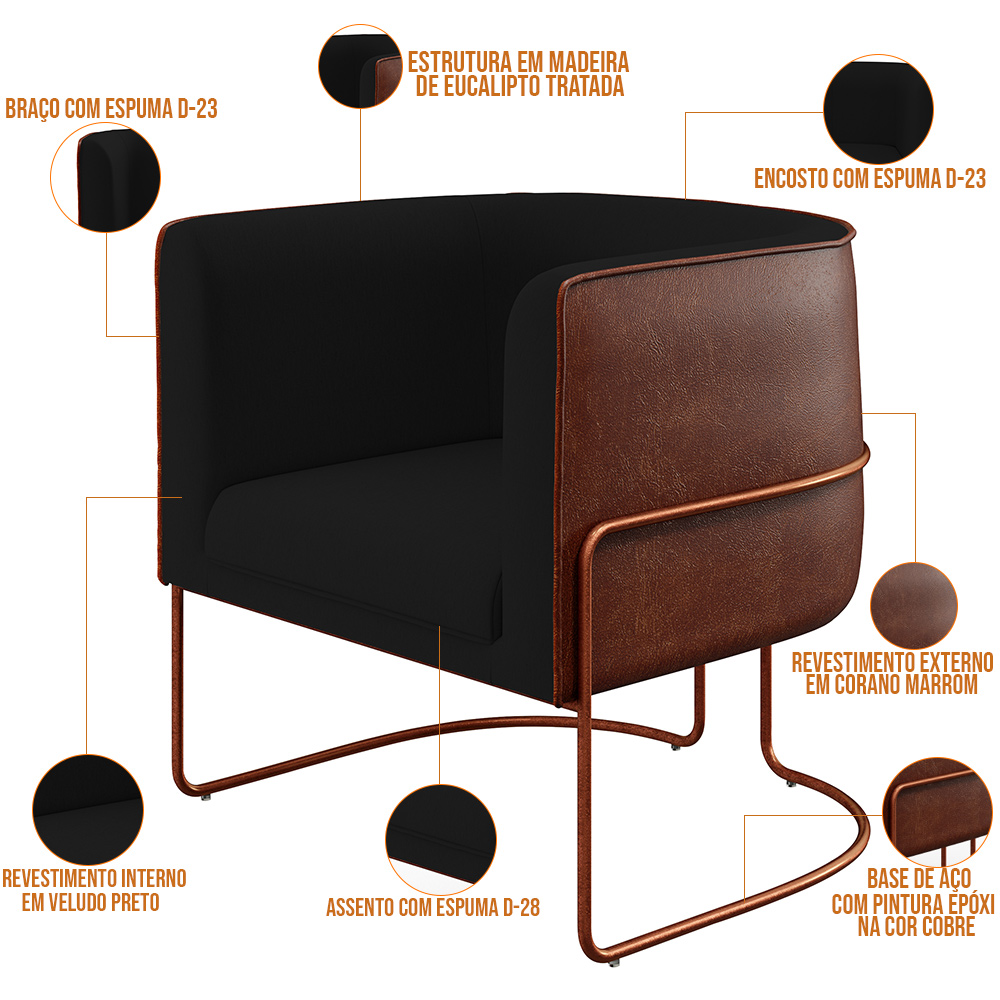 Kit 02 Poltronas Fixas Base Aço Cobre Betina D02 Veludo Preto C-300 Corano Marrom - Lyam Decor