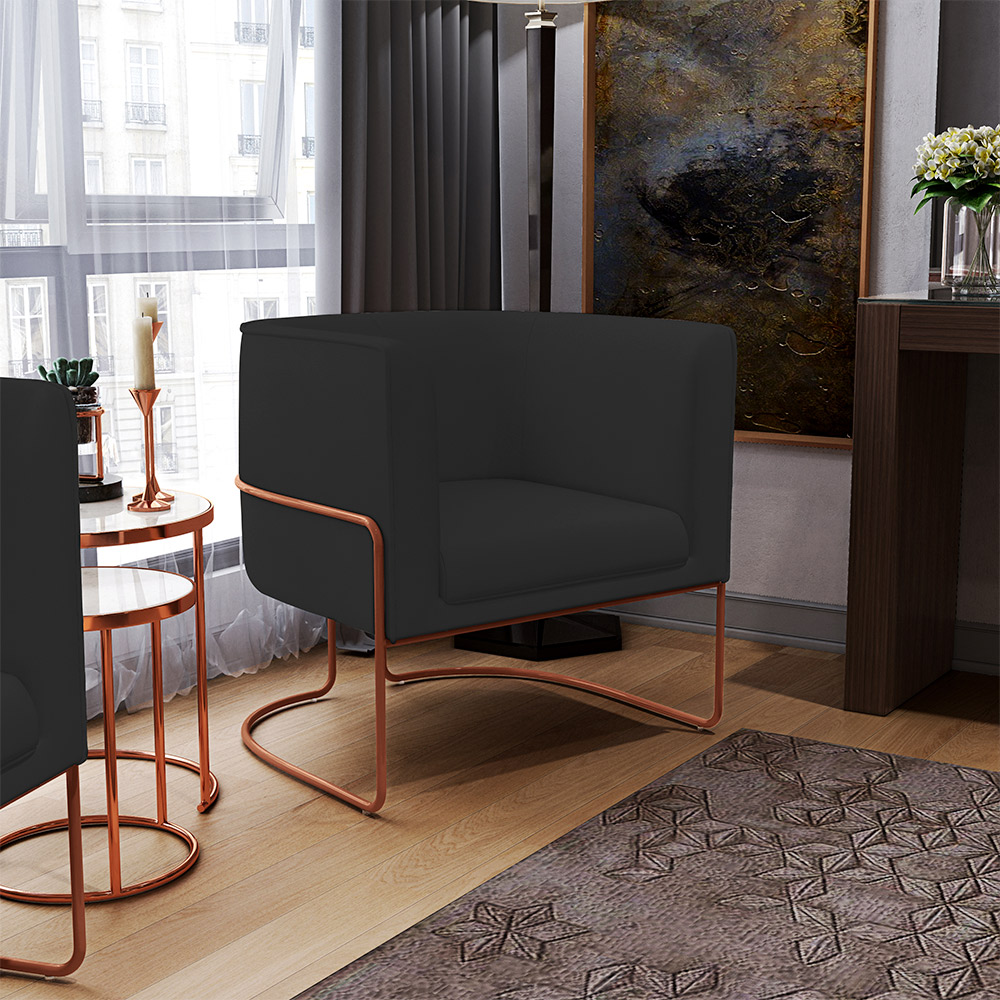 Kit 02 Poltronas Fixas Base Aço Cobre Betina D02 Veludo Preto C-300 Corano Preto - Lyam Decor