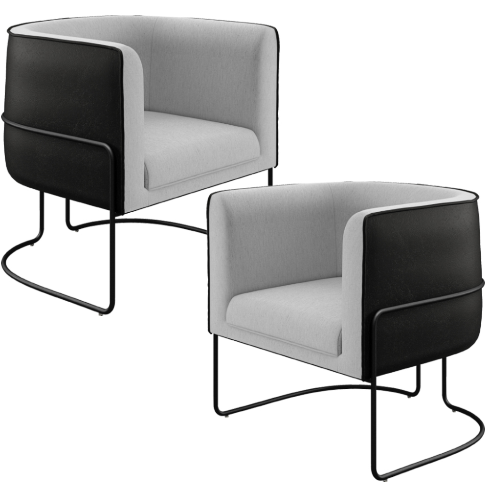 Kit 02 Poltronas Fixas Base Aço Preto Betina D02 Linho Cinza C-315 Corano Preto - Lyam Decor