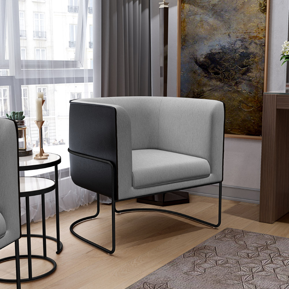 Kit 02 Poltronas Fixas Base Aço Preto Betina D02 Linho Cinza C-315 Corano Preto - Lyam Decor