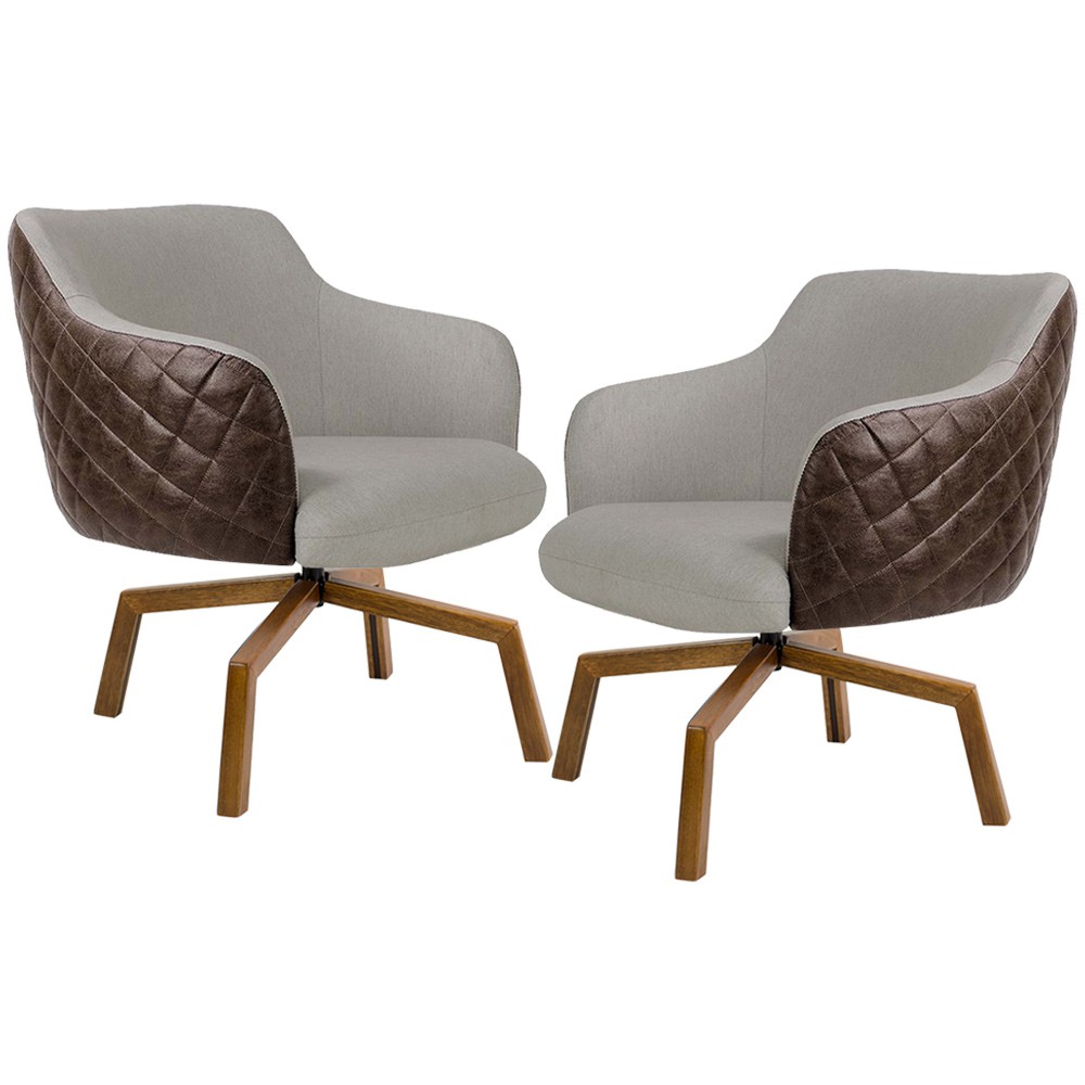 Kit 02 Poltronas Giratória Base Ka Jade D02 Linho Bege C-107 Tressê Corano Marrom - Lyam Decor