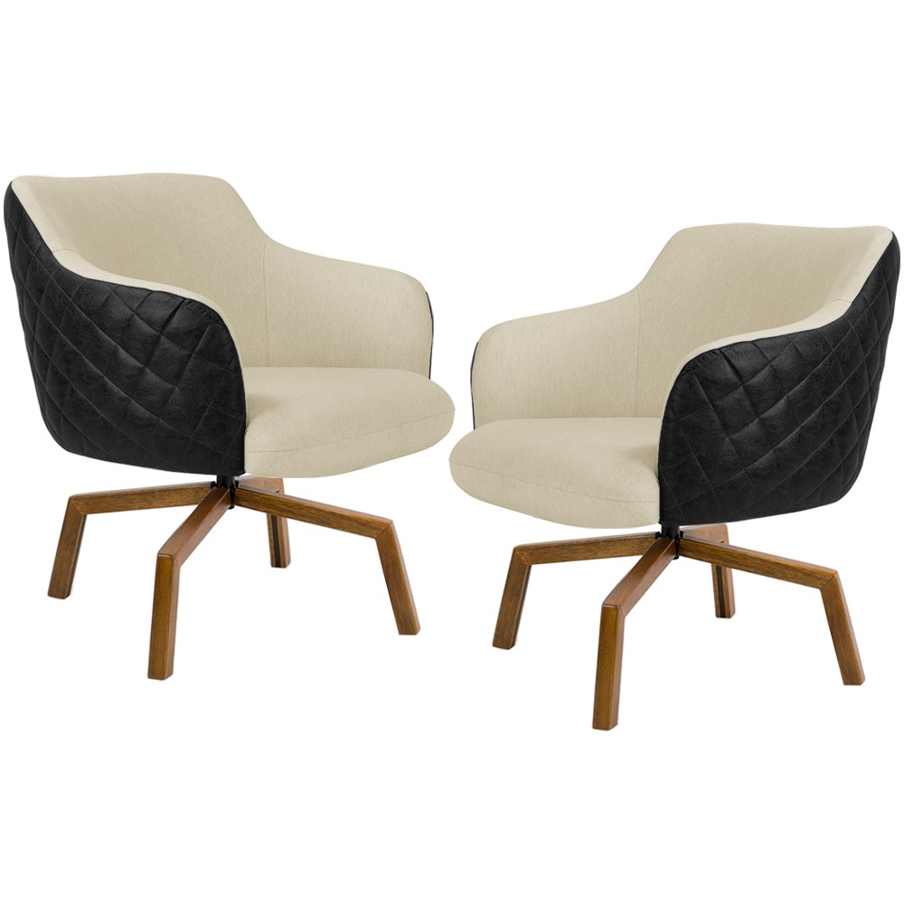 Kit 02 Poltronas Giratória Base Ka Jade D02 Linho Bege C-129 Tressê Corano Preto - Lyam Decor