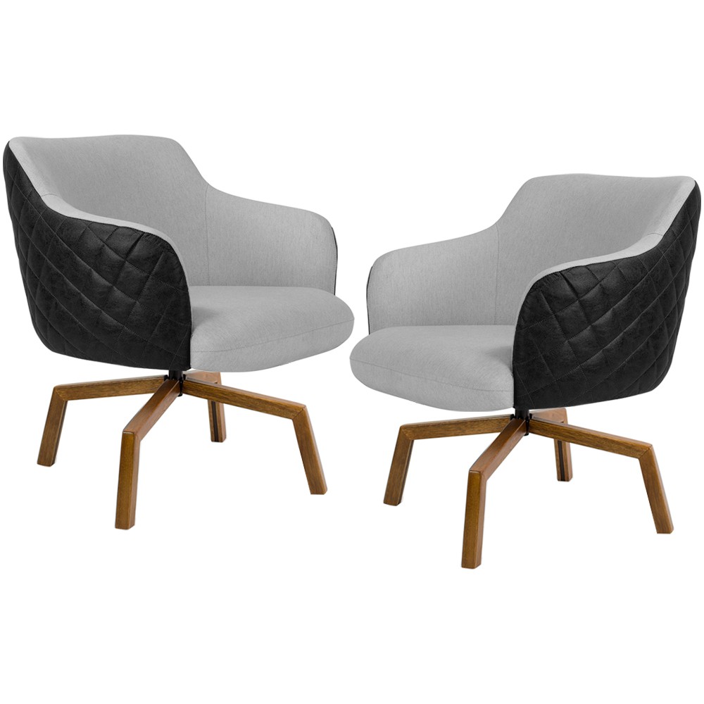 Kit 02 Poltronas Giratória Base Ka Jade D02 Linho Cinza C-315 Tressê Corano Preto - Lyam Decor