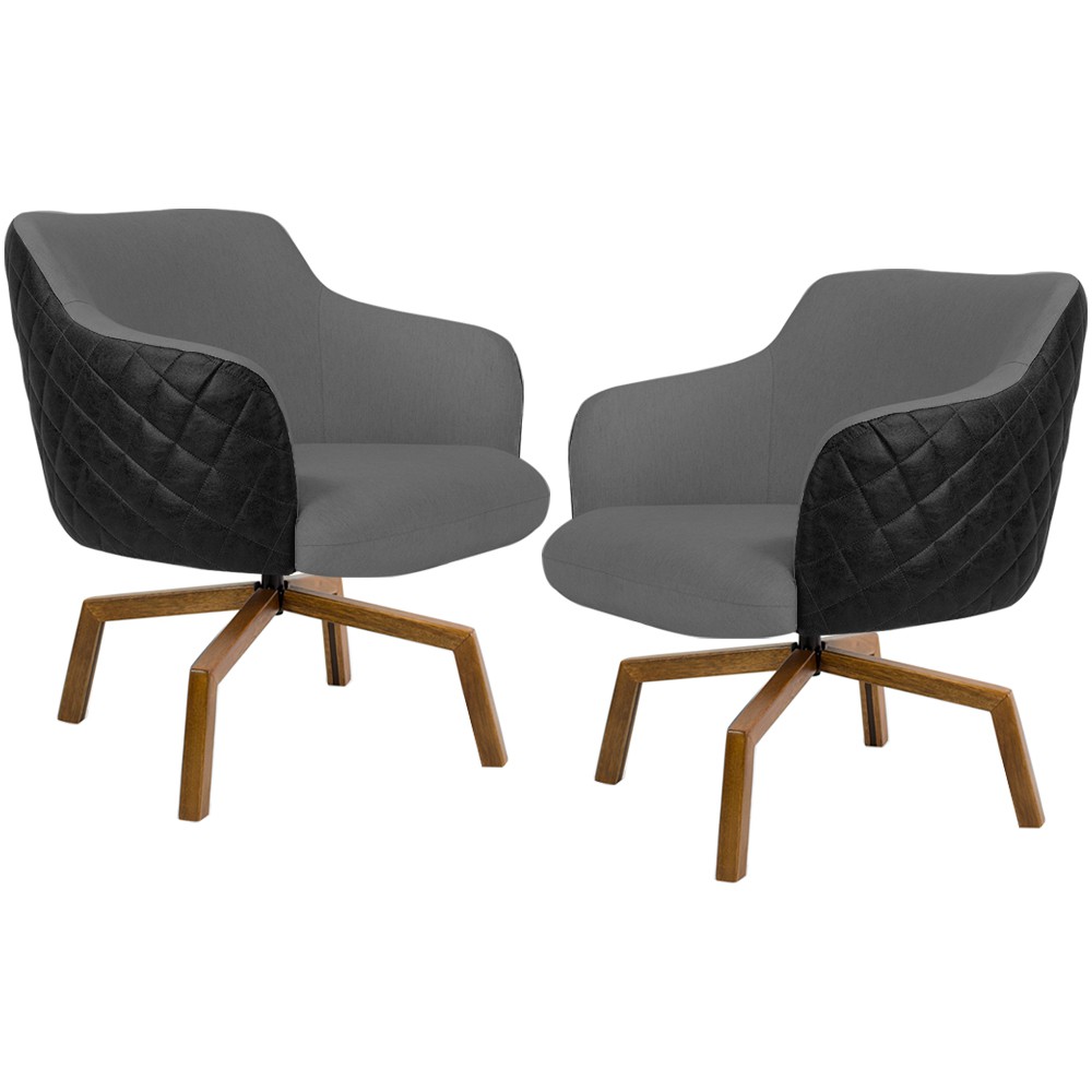 Kit 02 Poltronas Giratória Base Ka Jade D02 Linho Cinza C-416 Tressê Corano Preto - Lyam Decor