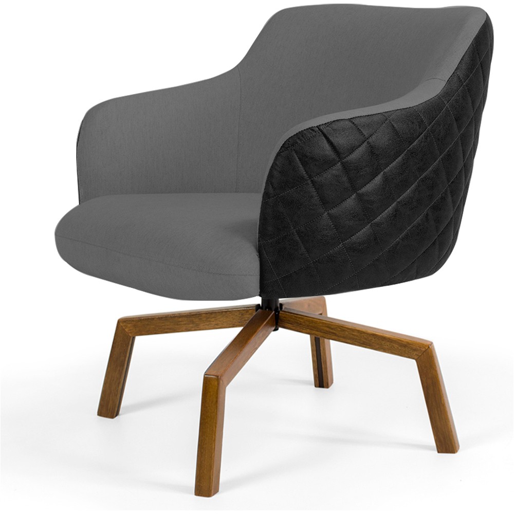 Kit 02 Poltronas Giratória Base Ka Jade D02 Linho Cinza C-416 Tressê Corano Preto - Lyam Decor