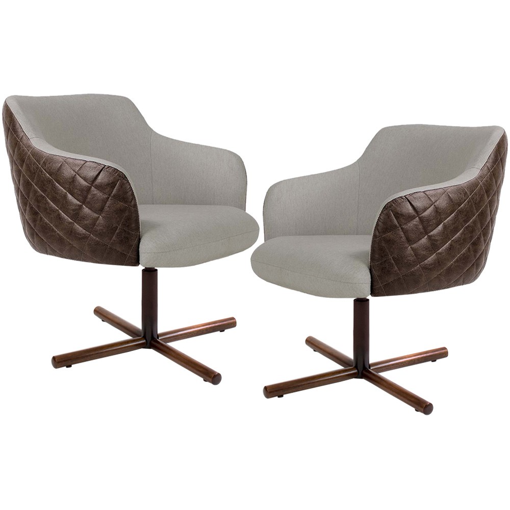 Kit 02 Poltronas Giratória Base X Jade D02 Linho Bege C-107 Tressê Corano Marrom - Lyam Decor