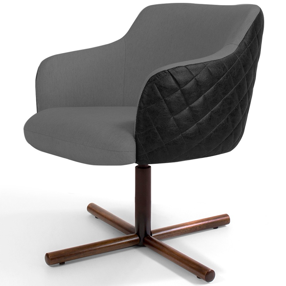 Kit 02 Poltronas Giratória Base X Jade D02 Linho Cinza C-416 Tressê Corano Preto - Lyam Decor