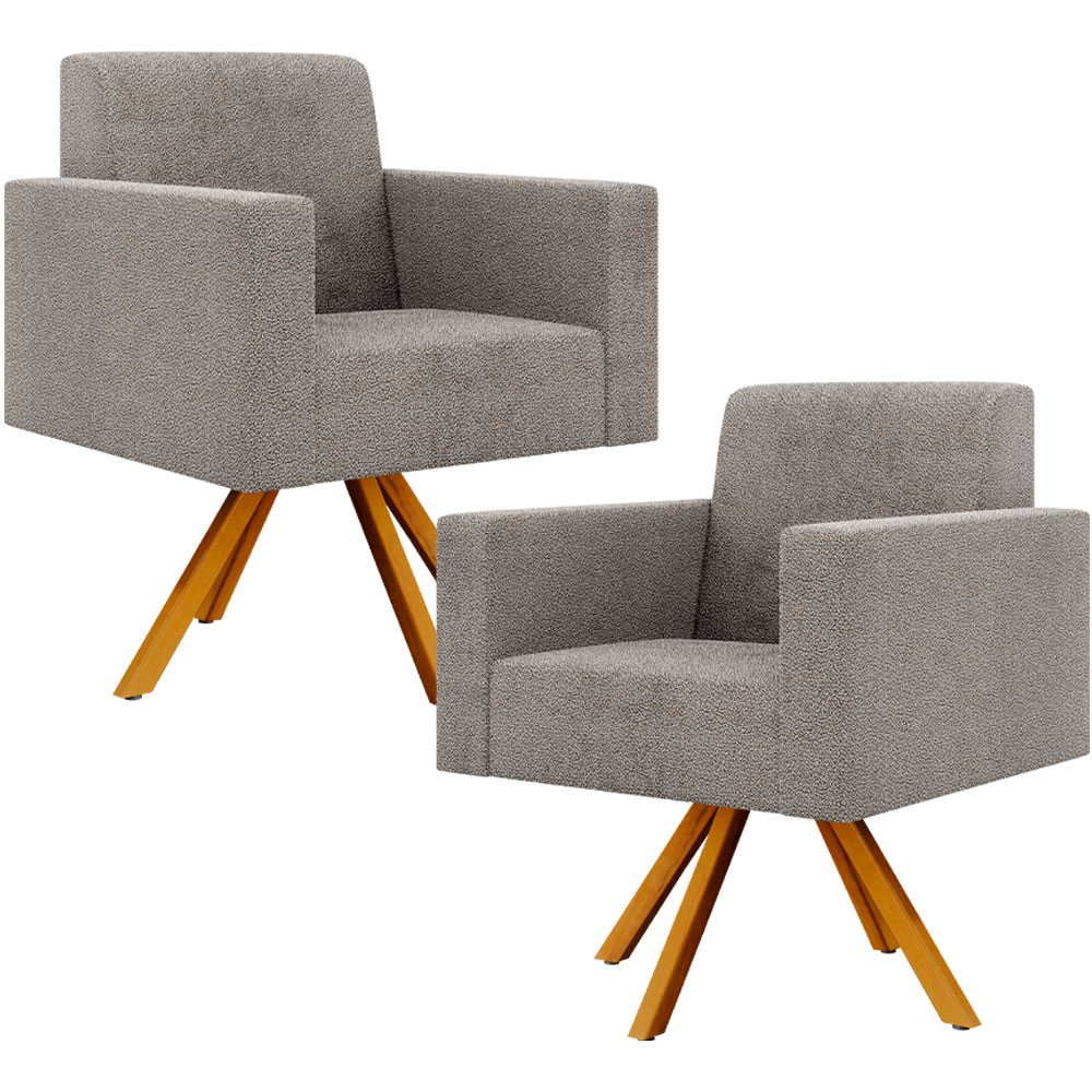 Kit 02 Poltronas Giratórias Sala de Estar Base de Madeira Helô L02 Bouclê Bege - Lyam Decor