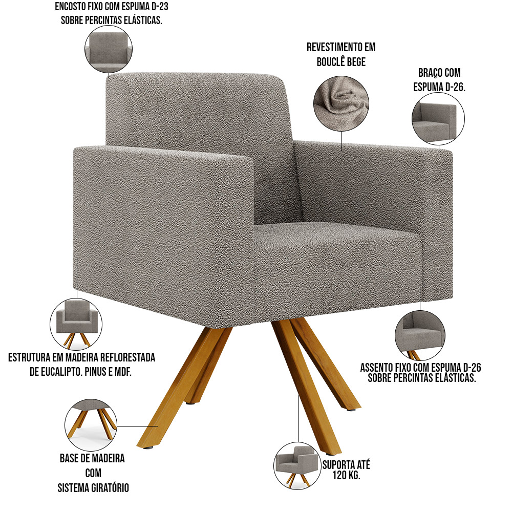 Kit 02 Poltronas Giratórias Sala de Estar Base de Madeira Helô L02 Bouclê Bege - Lyam Decor