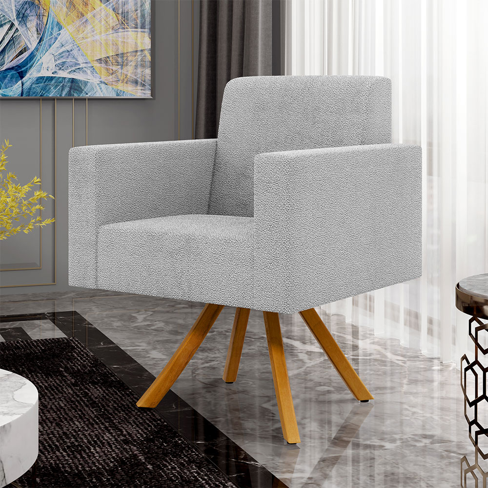 Kit 02 Poltronas Giratórias Sala de Estar Base de Madeira Helô L02 Bouclê Cinza - Lyam Decor