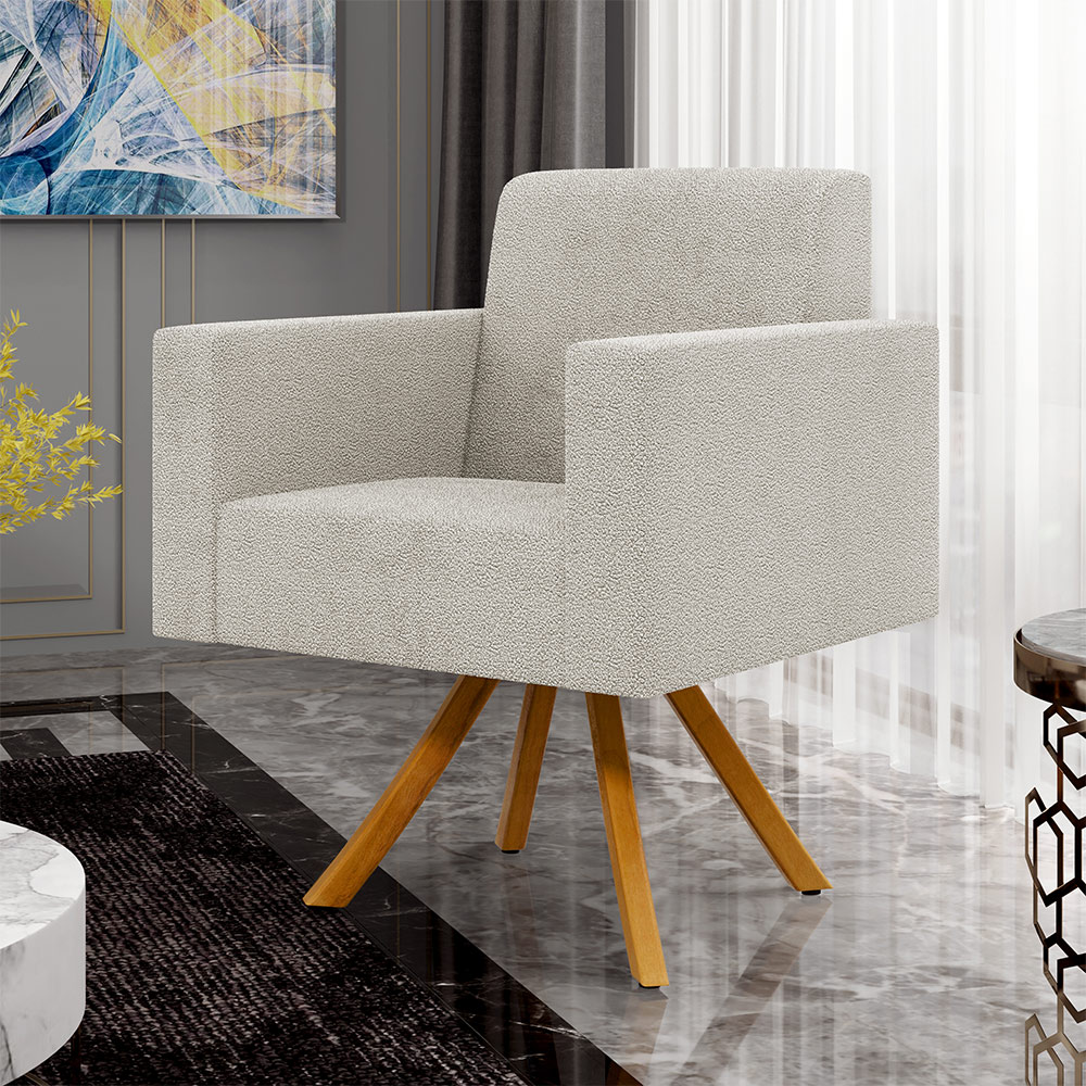 Kit 02 Poltronas Giratórias Sala de Estar Base de Madeira Helô L02 Bouclê Creme - Lyam Decor