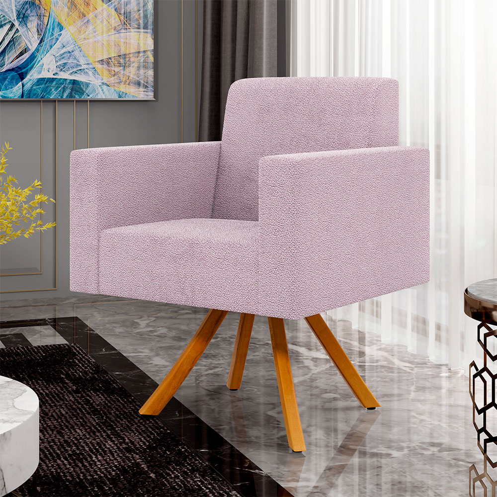 Kit 02 Poltronas Giratórias Sala de Estar Base de Madeira Helô L02 Bouclê Rosê - Lyam Decor
