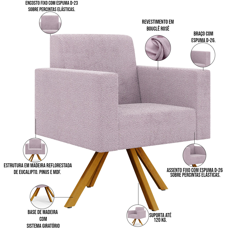 Kit 02 Poltronas Giratórias Sala de Estar Base de Madeira Helô L02 Bouclê Rosê - Lyam Decor