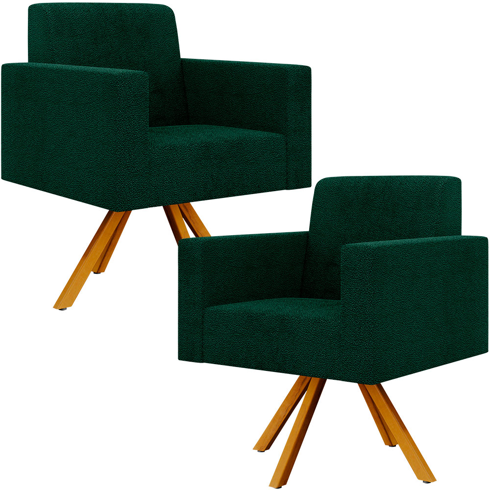 Kit 02 Poltronas Giratórias Sala de Estar Base de Madeira Helô L02 Bouclê Verde - Lyam Decor